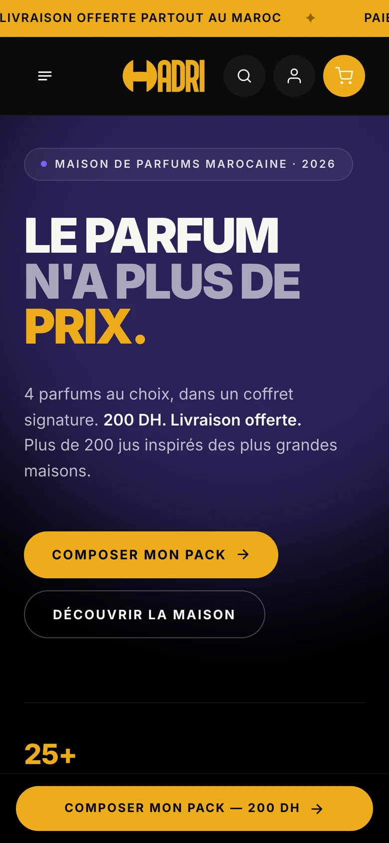 The same Hadri Parfums store on a phone: the announcement bar, a condensed dark header, and the headline stacked above the perfume bottles and a gold button.