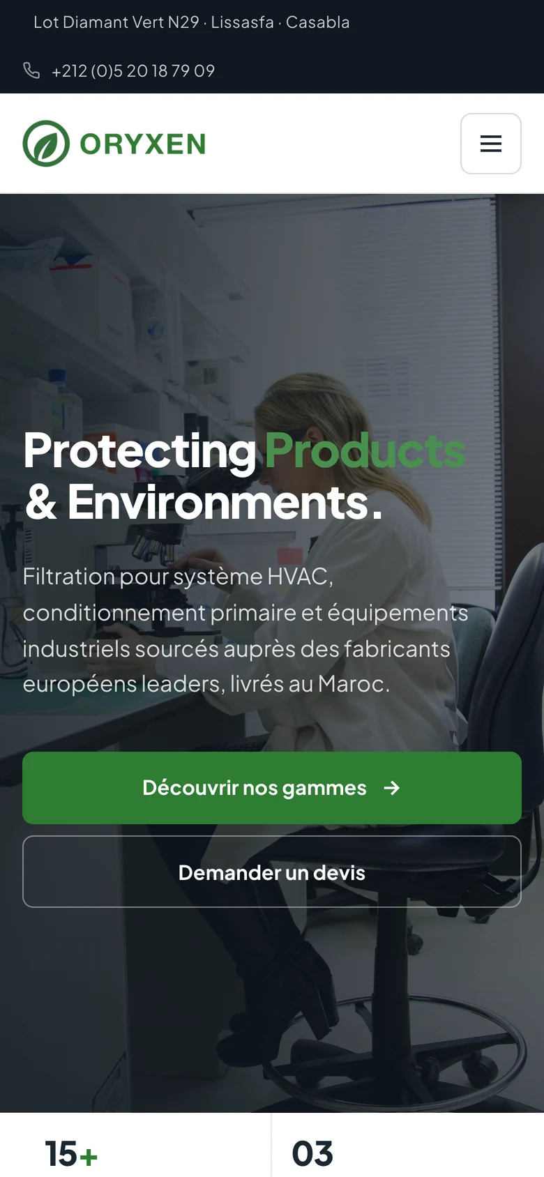 The same Oryxen homepage on a phone: the contact bar, a condensed header with a menu button, and the hero headline stacked above two full-width buttons.