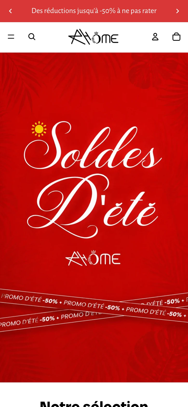 The same Rhome store on a phone: the red announcement bar, a condensed header with menu, search, account and basket icons, and the “Soldes D’été” hero filling the screen above the first product section.