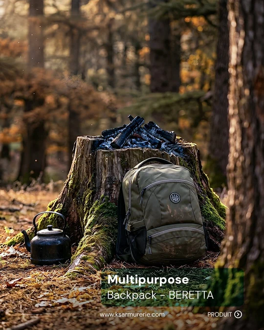 A KS Armurerie product post: an olive-green multipurpose backpack propped against a mossy tree stump in an autumn forest, beside a blackened kettle.