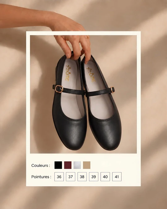 A Rhome product post: a hand holding a pair of black ballet flats with an ankle strap over a sand-coloured background, with the available colours and sizes listed underneath.
