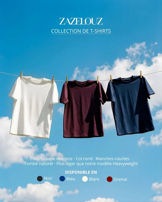 A Zazelouz post for its t-shirt collection: three oversized t-shirts in off-white, burgundy and navy pegged to a washing line against a blue sky, with the cut described underneath and four available colours listed.