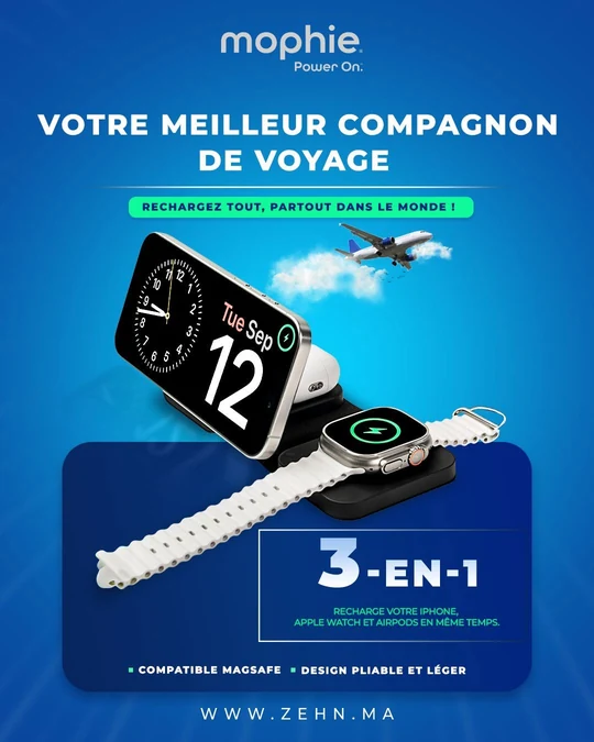 A Zehn advertisement for a mophie three-in-one travel charger: a phone, a smartwatch and earbuds charging together on a folding stand against a blue background, with a French headline and the retailer’s web address.
